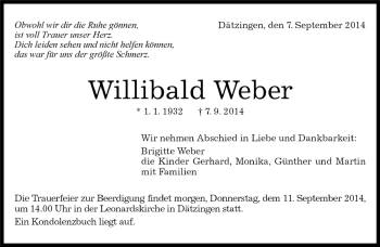 Traueranzeige von Willibald Weber von Kreiszeitung Böblinger Bote
