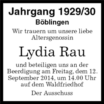 Traueranzeige von Lydia Rau von Kreiszeitung Böblinger Bote