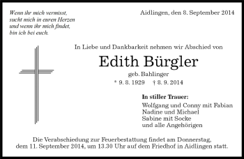 Traueranzeige von Edith Bürgler von Kreiszeitung Böblinger Bote