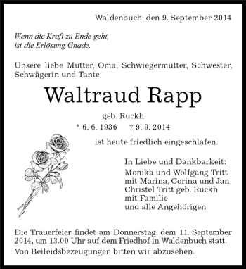 Traueranzeige von Waltraud Rapp von Kreiszeitung Böblinger Bote