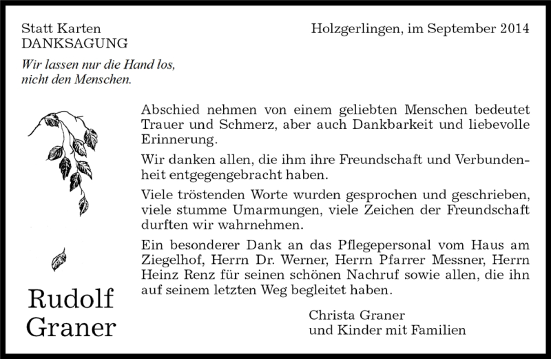  Traueranzeige für Rudolf Graner vom 11.09.2014 aus Kreiszeitung Böblinger Bote
