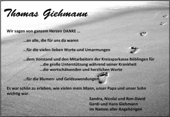 Traueranzeige von Thomas Giehmann von Kreiszeitung Böblinger Bote