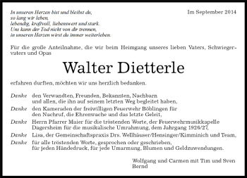 Traueranzeige von Walter Dietterle von Kreiszeitung Böblinger Bote