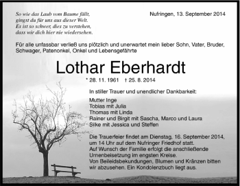 Traueranzeige von Lothar Eberhardt von Kreiszeitung Böblinger Bote