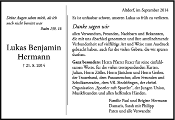Traueranzeige von Lukas Benjamin  Hermann von Kreiszeitung Böblinger Bote