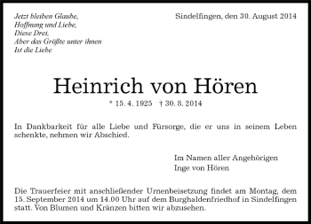Traueranzeige von Heinrich  von Hören von Kreiszeitung Böblinger Bote