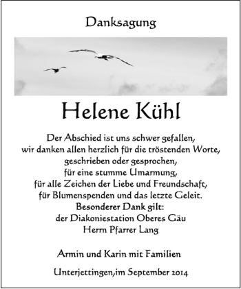 Traueranzeige von Helene Kühl von Kreiszeitung Böblinger Bote