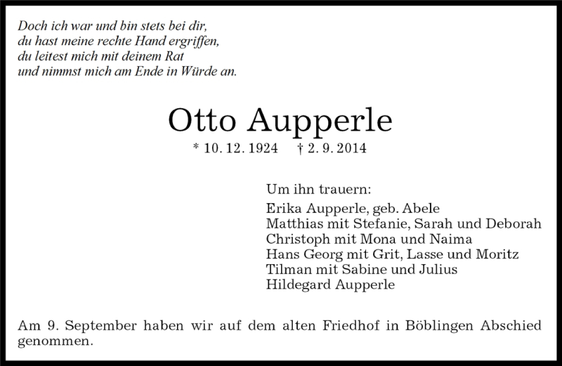  Traueranzeige für Otto  Aupperle vom 12.09.2014 aus Kreiszeitung Böblinger Bote