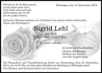 Traueranzeige von Sigrid Lehl von Kreiszeitung Böblinger Bote