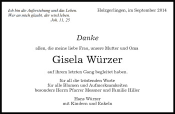 Traueranzeige von Gisela Würzer von Kreiszeitung Böblinger Bote