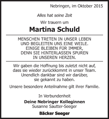 Traueranzeige von Martina Schuld von Kreiszeitung Böblinger Bote