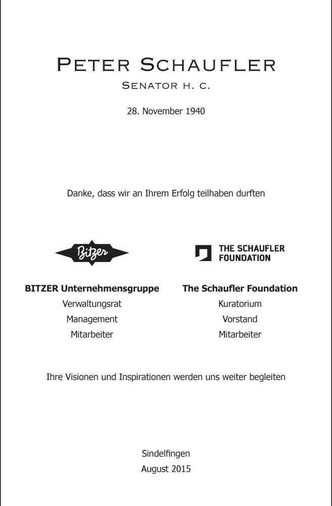  Traueranzeige für Peter Schaufler vom 20.08.2015 aus Kreiszeitung Böblinger Bote