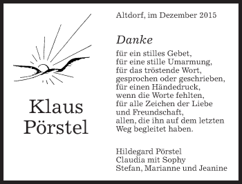 Traueranzeige von Klaus Pörstel von Kreiszeitung Böblinger Bote