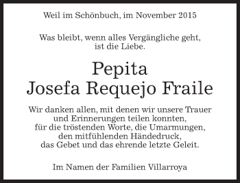 Traueranzeige von Pepita Josefa  Requejo Fraile von Kreiszeitung Böblinger Bote
