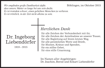 Traueranzeige von Ingeborg Liebendörfer von Kreiszeitung Böblinger Bote