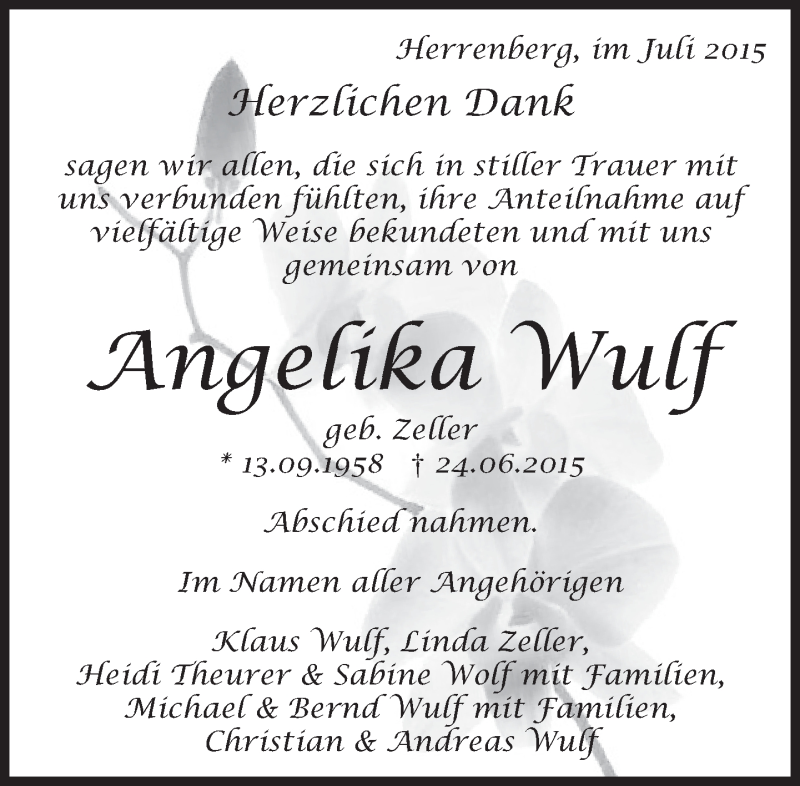 Traueranzeige für Angelika Wulf vom 16.07.2015 aus Kreiszeitung Böblinger Bote