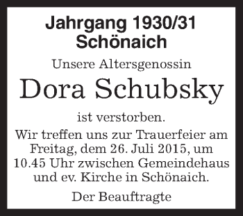 Traueranzeige von Dora Schubsky von Kreiszeitung Böblinger Bote