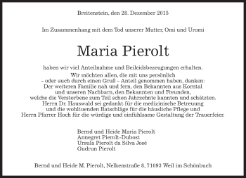 Traueranzeige von Maria Pierolt von Kreiszeitung Böblinger Bote