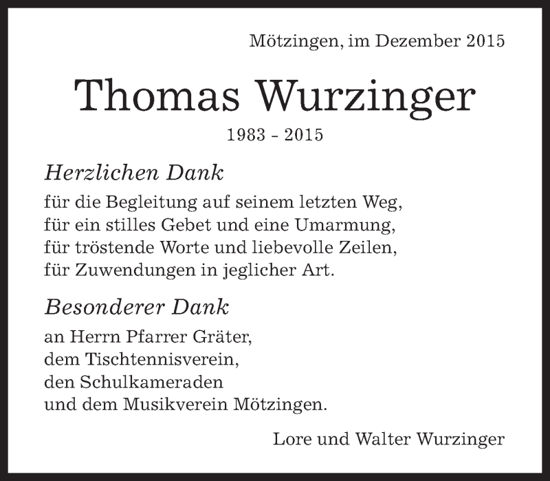  Traueranzeige für Thomas Wurzinger vom 10.12.2015 aus Kreiszeitung Böblinger Bote
