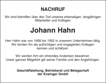 Traueranzeige von Johann Hahn von Kreiszeitung Böblinger Bote