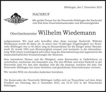 Traueranzeige von Wilhelm Wiedemann von Kreiszeitung Böblinger Bote