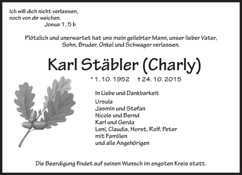  Traueranzeige für Karl Stäbler vom 27.10.2015 aus Kreiszeitung Böblinger Bote