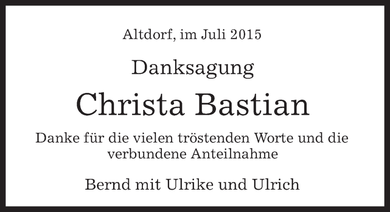  Traueranzeige für Christa Bastian vom 09.07.2015 aus Kreiszeitung Böblinger Bote
