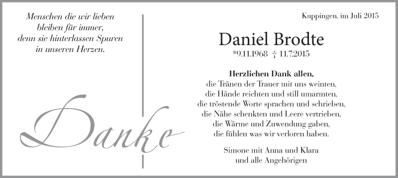  Traueranzeige für Daniel Brodte vom 30.07.2015 aus Kreiszeitung Böblinger Bote