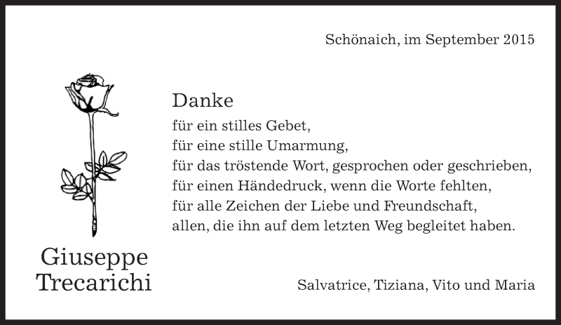  Traueranzeige für Giuseppe Trecarichi vom 17.09.2015 aus Kreiszeitung Böblinger Bote