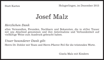 Traueranzeige von Josef Malz von Kreiszeitung Böblinger Bote