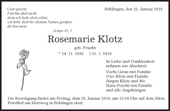 Traueranzeige von Rosemarrie Klotz von Kreiszeitung Böblinger Bote