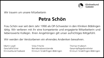 Traueranzeige von Petra Schön von Kreiszeitung Böblinger Bote