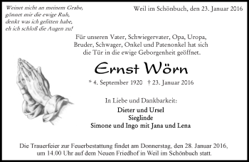 Traueranzeige von Ernst Wörn von Kreiszeitung Böblinger Bote