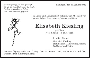 Traueranzeige von Elisabeth Kiesling von Kreiszeitung Böblinger Bote