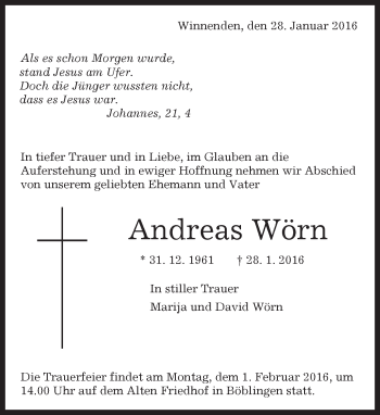 Traueranzeige von Andreas Wörn von Kreiszeitung Böblinger Bote