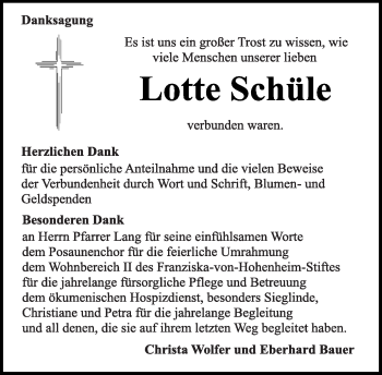 Traueranzeige von Lotte Schüle von Kreiszeitung Böblinger Bote