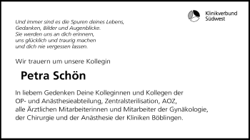 Traueranzeige von Petra Schön von Kreiszeitung Böblinger Bote