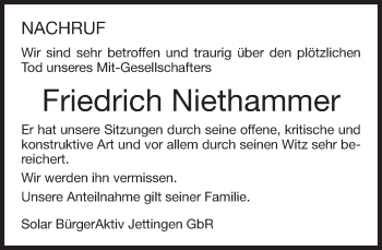 Traueranzeige von Friedrich Niethammer von Kreiszeitung Böblinger Bote