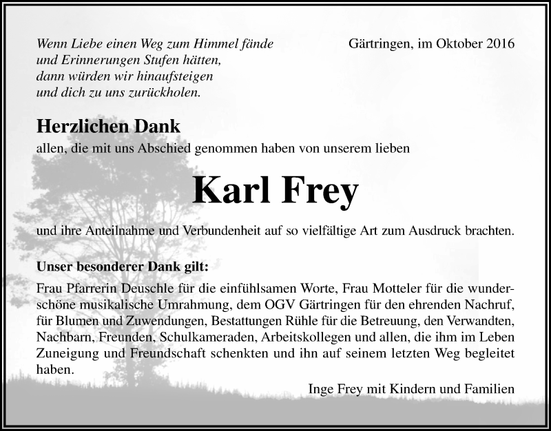  Traueranzeige für Karl Frey vom 15.10.2016 aus Kreiszeitung Böblinger Bote
