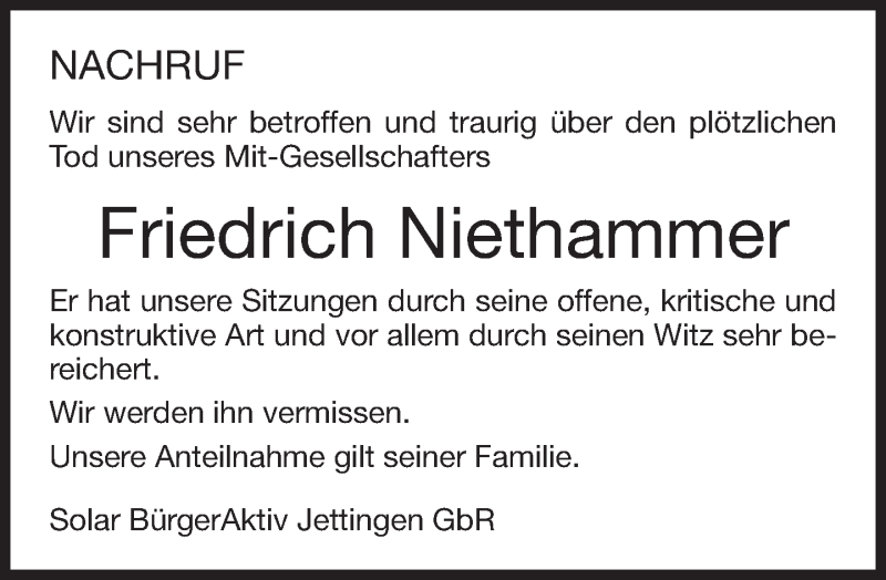  Traueranzeige für Friedrich Niethammer vom 27.10.2016 aus Kreiszeitung Böblinger Bote