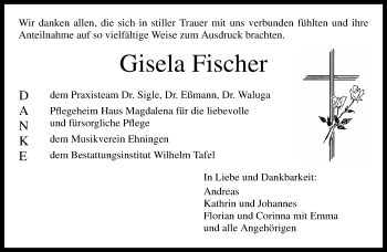 Traueranzeige von Gisela Fischer von Kreiszeitung Böblinger Bote