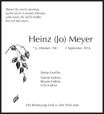 Traueranzeige von Heinz Meyer von Kreiszeitung Böblinger Bote
