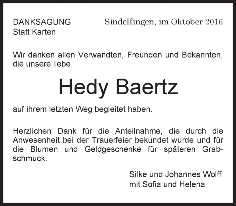  Traueranzeige für Hedy Baertz vom 13.10.2016 aus Kreiszeitung Böblinger Bote