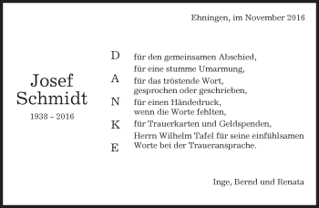 Traueranzeige von Josef Schmidt von Kreiszeitung Böblinger Bote