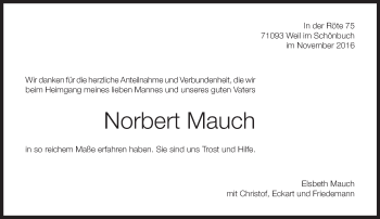 Traueranzeige von Norbert Mauch von Kreiszeitung Böblinger Bote
