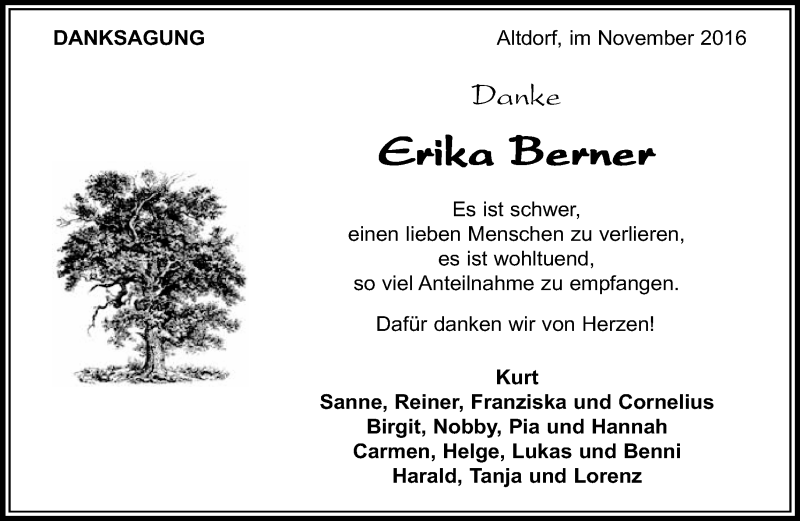  Traueranzeige für Erika Berner vom 18.11.2016 aus Kreiszeitung Böblinger Bote