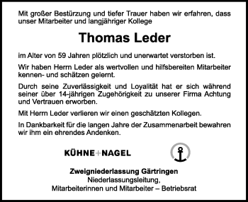 Traueranzeige von Thomas Leder von Kreiszeitung Böblinger Bote