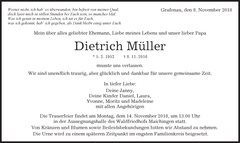  Traueranzeige für Dietrich Müller vom 10.11.2016 aus Kreiszeitung Böblinger Bote