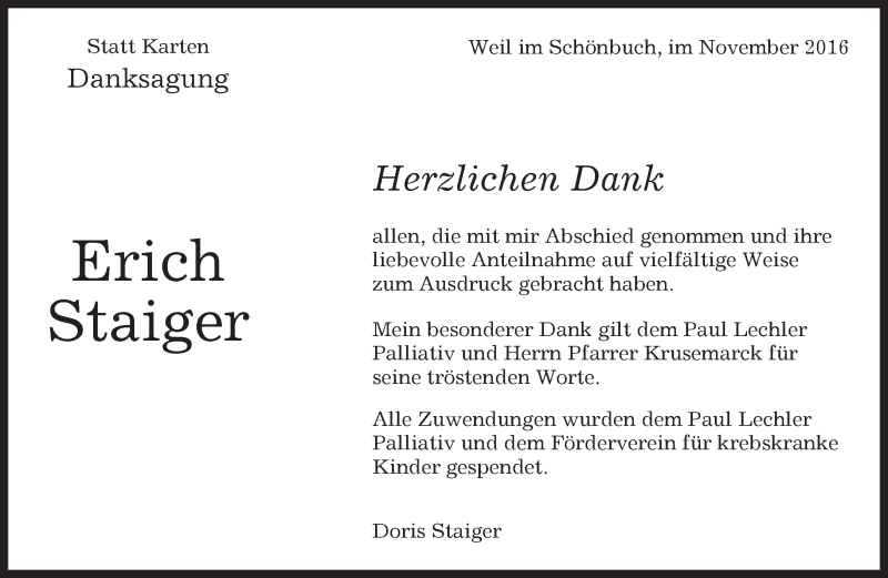  Traueranzeige für Erich Staiger vom 12.11.2016 aus Kreiszeitung Böblinger Bote
