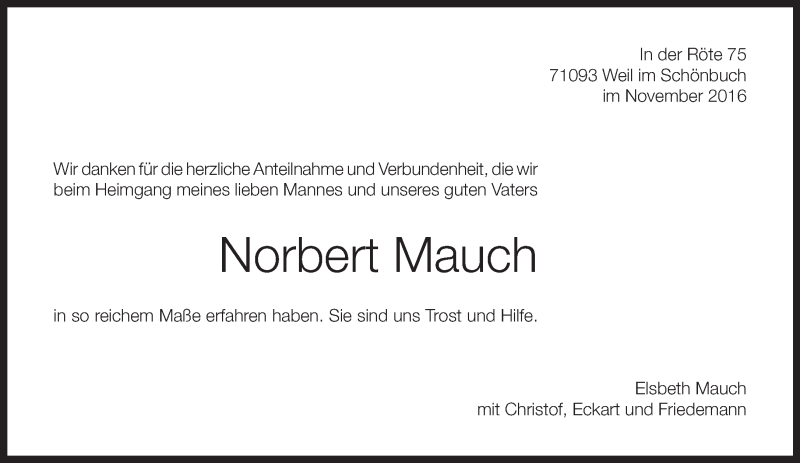  Traueranzeige für Norbert Mauch vom 10.11.2016 aus Kreiszeitung Böblinger Bote